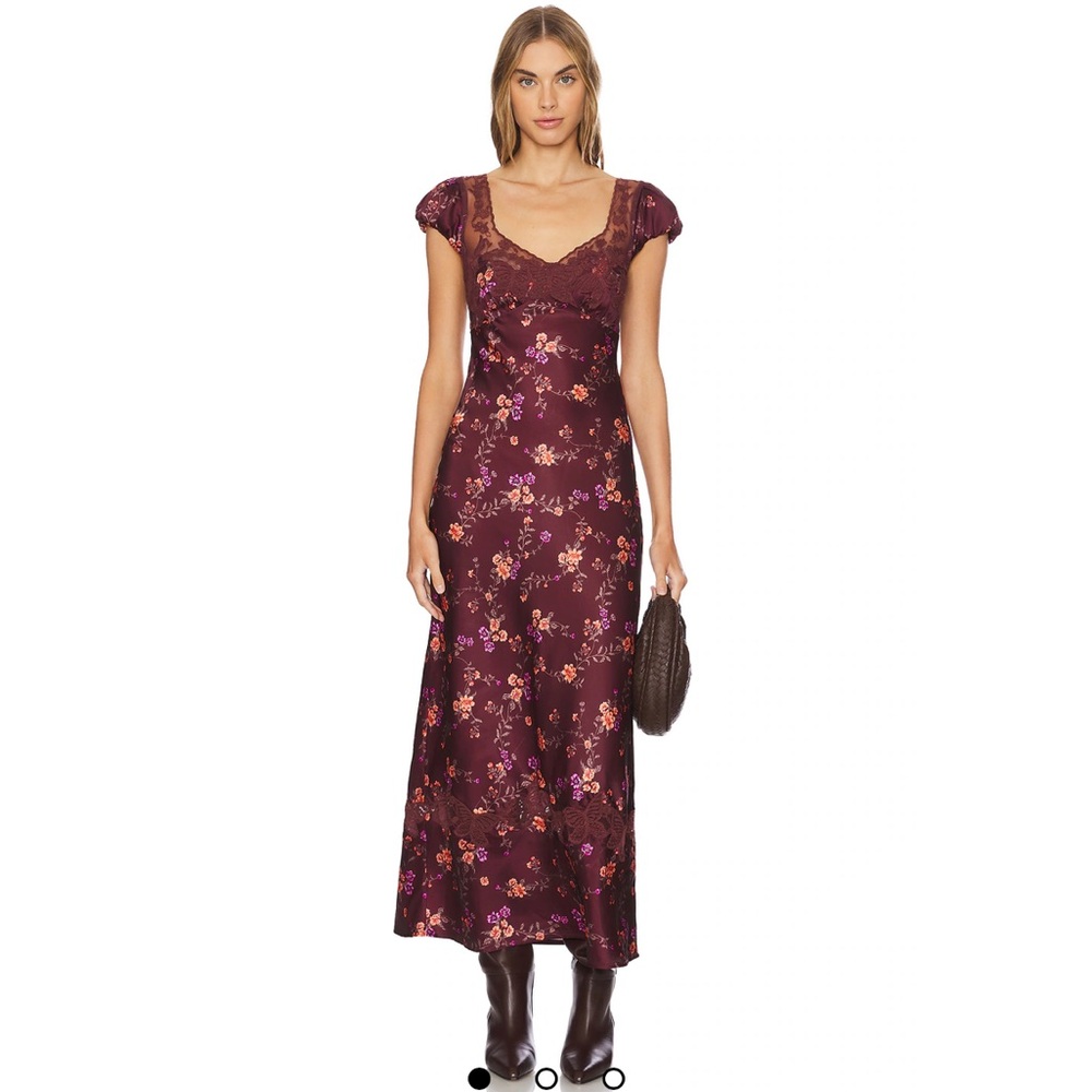 Women's Burgundy Floral Lace-Trim Maxi Dress